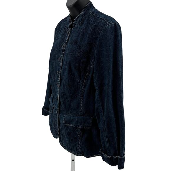 Coldwater Creek Jean Jacket WMNS 12 Dark Wash Denim Button Up Embroidered Pocket - Picture 3 of 7